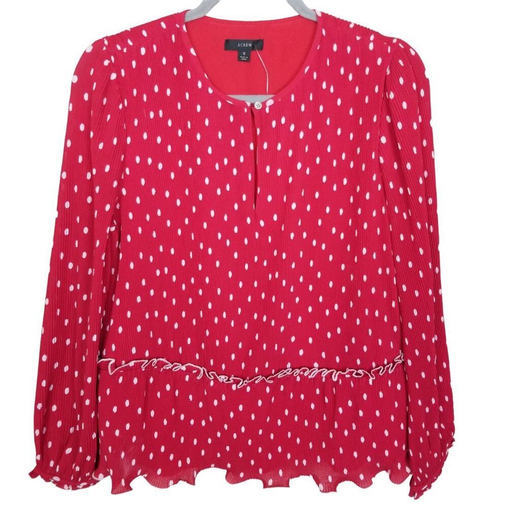 J. Crew Womens Ruffle Trim Pleated Peplum Top Polka Dot Size S Holiday Christmas